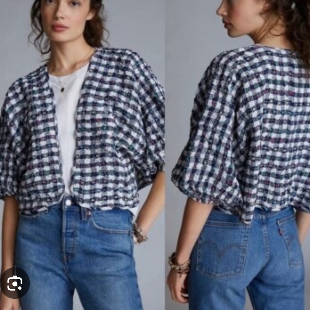 Anthropologie “June” Gingham Kimono Boho Bouclé open front w puffed 3/4 sleeves